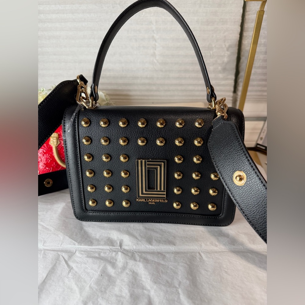 Karl Lagerfeld black and gold beads flap crossbody bag brand new